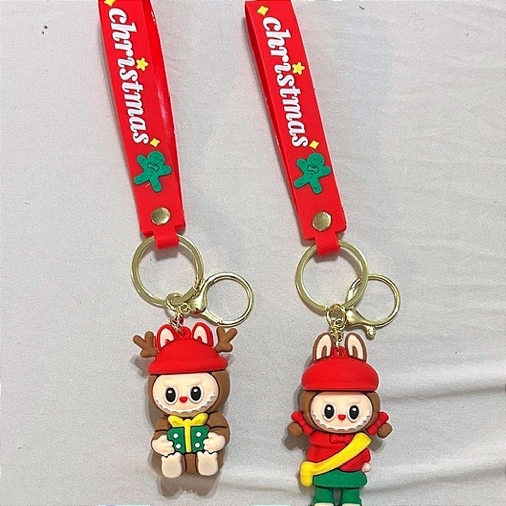 Set of 2 Christmas Monster Keychains Holiday Rubber Key Ring Wrist Straps